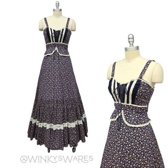 Gunne Sax Dresses & Skirts - Gunne Sax Peplum Corset Maxi Dress Size XS 7 Navy Floral Vintage 70s Prairie